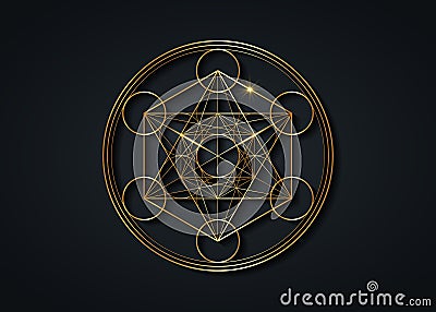 Metatron`s Cube, Flower of Life. Gold Sacred geometry. Mystic golden icon platonic solids Merkabah, abstract geometric drawing Vector Illustration