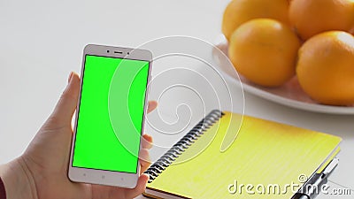 Geschäftsfrau mithilfe des Smartphonebetrachtungs-Grünschirmes auf Handygrasenfarbenreinheitsschlüssel Genuss online beobachten stock video Geschäftsfrau mithilfe des Smartphonebetrachtungs-Grünschirmes auf Handygrasenfarbenreinheitsschlüssel Genuss online beobachten stock video