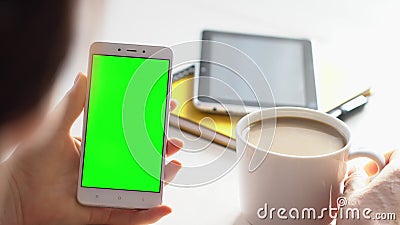 Geschäftsfrau mithilfe des Smartphonebetrachtungs-Grünschirmes auf Handygrasenfarbenreinheitsschlüssel Genuss online beobachten stock video Geschäftsfrau mithilfe des Smartphonebetrachtungs-Grünschirmes auf Handygrasenfarbenreinheitsschlüssel Genuss online beobachten stock video