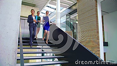 Geschäftsfrauen, die auf einander beim Gehen auf Treppe einwirken Geschäftsfrauen, die auf einander beim Gehen auf Treppe einwirken