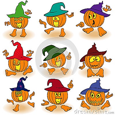Gesticulating funny pumpkins in hats Vector Illustration
