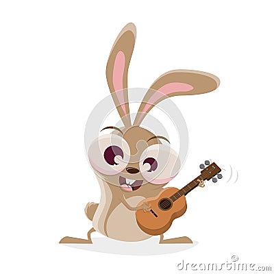 Funny illustration of a cartoon rabbit with ukulele or guitar Vector Illustration