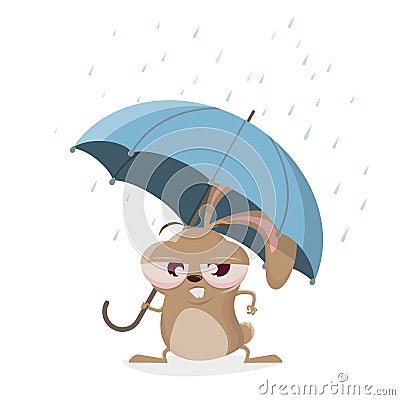 cartoon rabbit holding an umbrella on a rainy day Vector Illustration