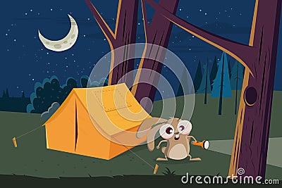 Funny camping cartoon rabbit with flashlight Vector Illustration