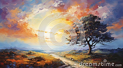 Vibrant Coastal Landscape Painting With Path And Tree Stock Photo
