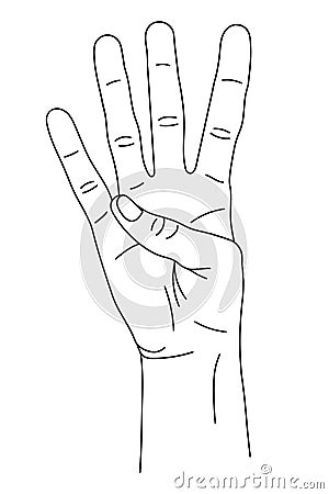 Gesture in the form of four fingers, index, middle, nameless, little finger, raised upward. The hand shows the number Vector Illustration