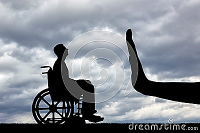 Gesture Hand Stop and disabled in a wheelchair looking for a job Stock Photo