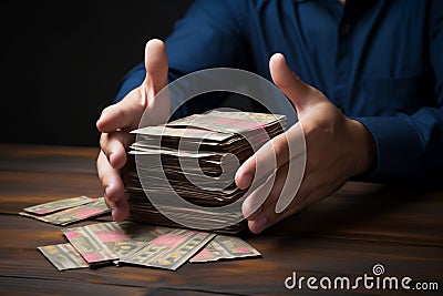 Gesture of integrity businessman firmly rejects money filled envelope, upholding ethical values Stock Photo