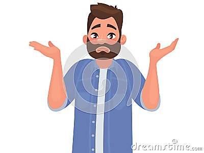 Gesture oops, sorry or I do not know. The man shrugs and spreads his hands. Vector illustration Cartoon Illustration
