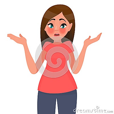 Gesture oops, sorry or I do not know. The woman shrugs her shoulders and spreads her hands. Vector illustration Cartoon Illustration