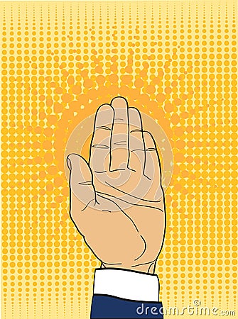 Gesture open palm. Hand gives or receives. Retro style pop art. Cartoon Illustration