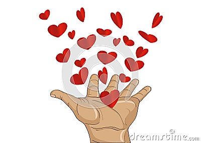Gesture open palms. From stacked hands fly red heart. Vector Cartoon Illustration