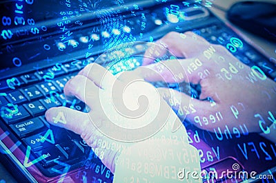 Gesture of typing on computer keyboard in computer network concept Cartoon Illustration