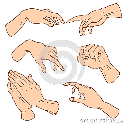 Gestures arms stop, palm, thumbs up, finger pointer, ok, like and pray or handshake, fist and peace or rock n roll Vector Illustration