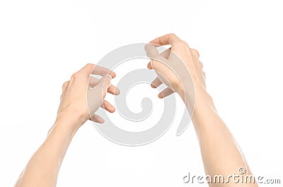 Gestures topic: human hand gestures showing first-person view isolated on white background in studio Stock Photo