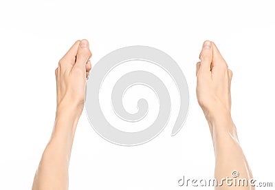 Gestures topic: human hand gestures showing first-person view isolated on white background in studio Stock Photo