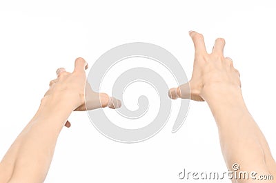 Gestures topic: human hand gestures showing first-person view isolated on white background in studio Stock Photo