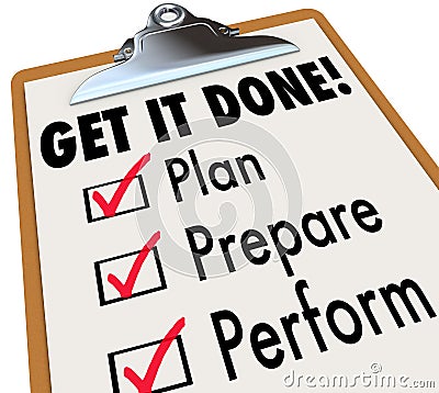 Get It Done Clipboard Checklist Plan Prepare Perform Stock Photo