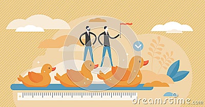 Get ducks in row visualization vector illustration in tiny persons concept. Vector Illustration