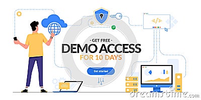 Get free demo access to SaaS, PaaS or IaaS promotional advertising banner. Man looking on cloud computing services Vector Illustration