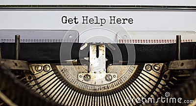 Get help here, support symbol. Concept words `Get help here` typed on retro typewriter. Business, get help here, support concept Stock Photo