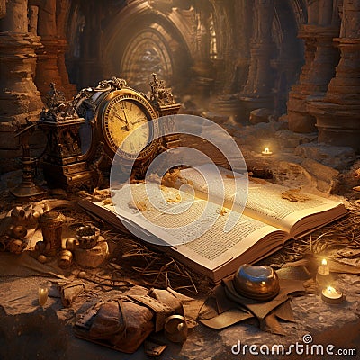 Empty journal surrounded by ancient artifacts and mystical elements Stock Photo