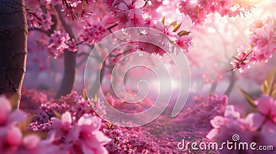 Get lost in a sea of vibrant hues as a cherry orchard explodes with blossoming flower Stock Photo