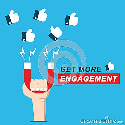 Get more engagement illustration. hand hold horseshoe magnet pulling or get many thumb likes Vector Illustration