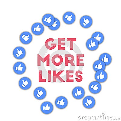 Get more likes. Social media icons in abstract shape background with scattered thumbs up. Get more l Cartoon Illustration