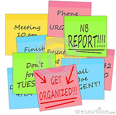 Get organized - business stress notes, white background Stock Photo
