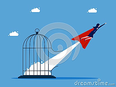 Get out of the safe zone. Businesswoman flies out of the cage. business concept Vector Illustration