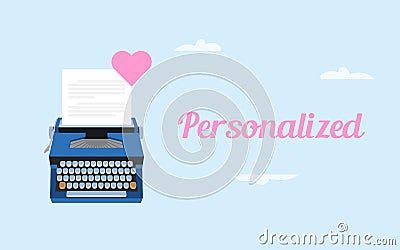 Get personalized love letter illustration with white paper and typing machine and pink love symbol Vector Illustration