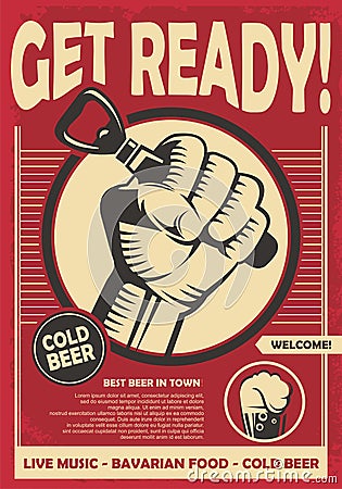 Get ready for beer fest. Revolution fist holding beer opener Vector Illustration