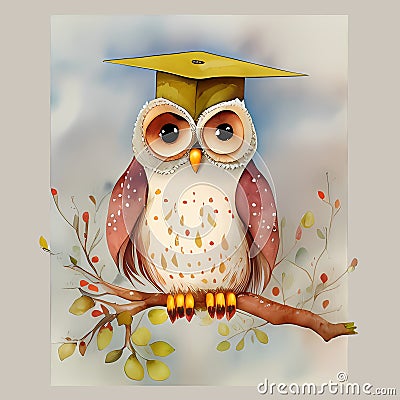 Funny Graduation Owl Character - Hilarious Kids' Storybook Art in Muted Watercolor Cartoon Illustration