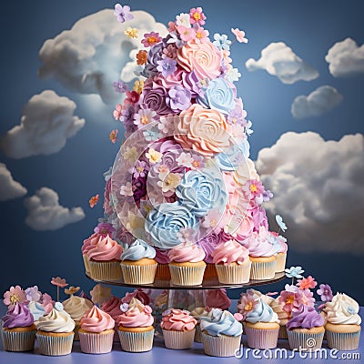 Heavenly Heights: A Cupcake Tower Beyond Imagination Stock Photo