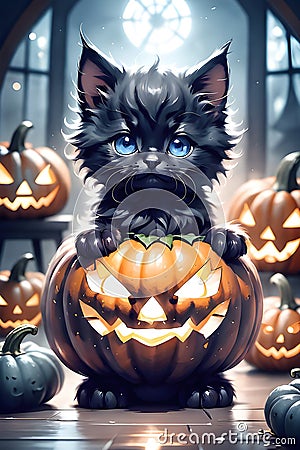 Fluffy Halloween Cute Kitten sitting on a pumpkin Stock Photo