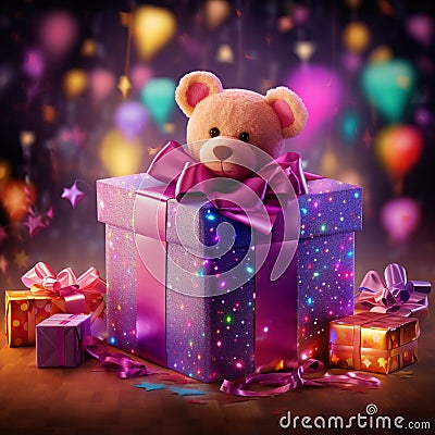 Glowing Birthday Gift with Vibrant Colors and Twinkling Lights Stock Photo