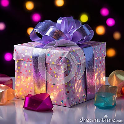 Glowing Birthday Gift with Vibrant Colors and Twinkling Lights Stock Photo