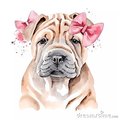 Aww-Worthy Alert! This Shar Pei Puppy Stock Photo Featuring a Pastel Headband Bandana and Watercolor Magic Will Melt Your Heart Stock Photo