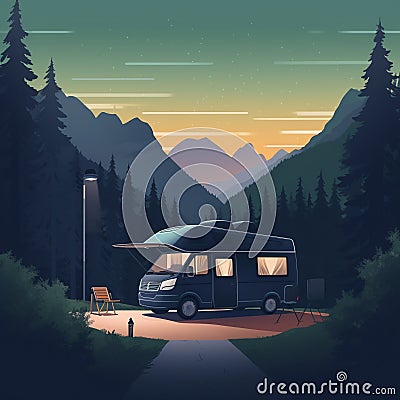 Sleek and Modern Camper Van in a Quiet Forest Stock Photo