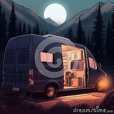 Sleek and Modern Camper Van in a Quiet Forest Stock Photo