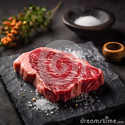 Get inspired by the beauty and quality of Japanese beef with this top view of a raw wagyu A5 Japanese steak on a slate Stock Photo