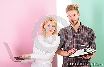 Get rid of junk. Woman with modern laptop and man with old retro typewriter. Why do you keep outdated stuff. Use Stock Photo