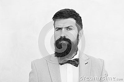 Get serious. tuxedo man with long beard. perfect brutal male. fashion and beauty. aesthetic development concept. ready Stock Photo