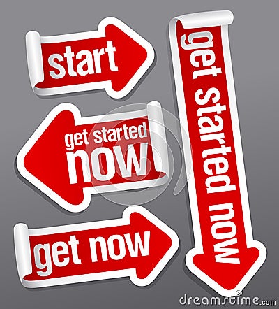 Get started now stickers. Vector Illustration