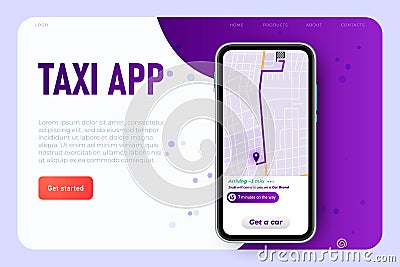 Get taxi app illsutration concept, online map on the tablet, GPS on the city map. Isometric website app. Landing web Vector Illustration