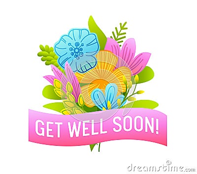 Get Well Soon Banner with Doodle Flowers, Pink Ribbon and Typography. Wish Health to Friend Concept Isolated Vector Illustration