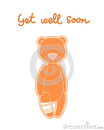 Get well soon card. Teddy bear with bandaged arm Stock Photo