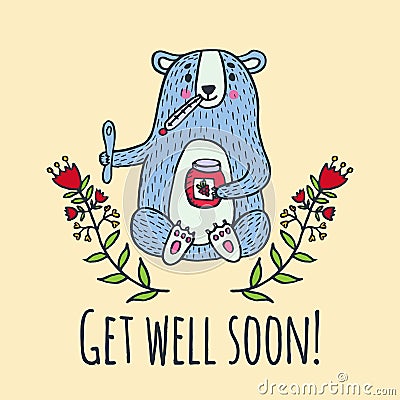 Get well soon card with teddy bear and jam Stock Photo