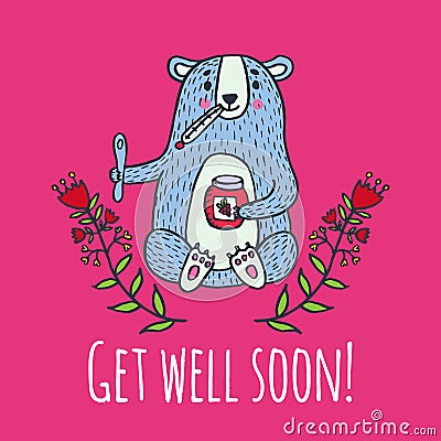 Get well soon card with teddy bear and jam Stock Photo